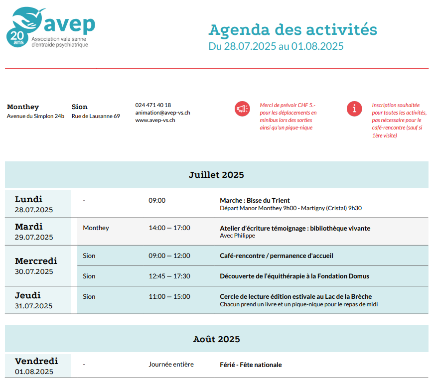 Semaine du 28 juillet au 1er août à l’Avep